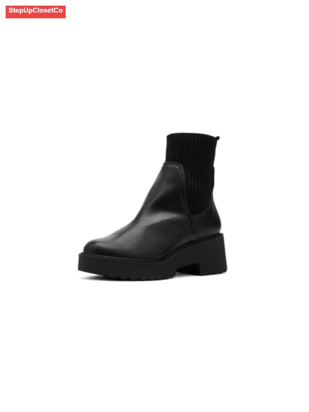 Calf-High Pull-On Boots Chunky Heel Round Toe Lug Sole